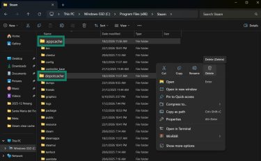 The contents of the Program Files, Steam folder with the user in the process of deleting the appcache and depotcache folders.