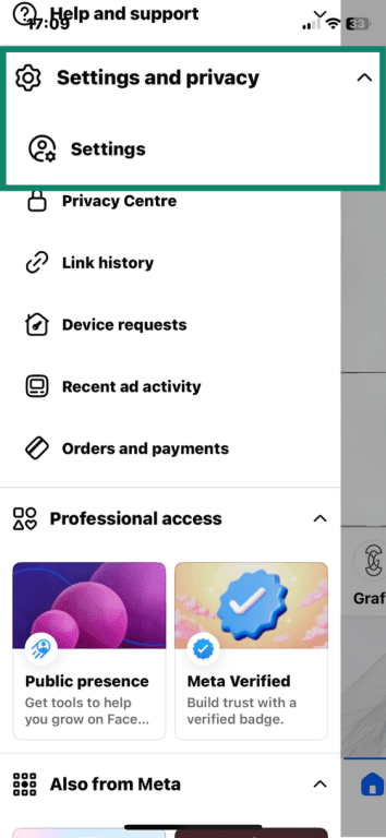 Facebook on iOS settings menu with settings and privacy and "Settings" highlighted