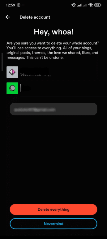 Confirming that you want to delete your Tumblr account on mobile
