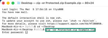 The MacBook Terminal zip command.