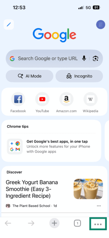 Three-dot icon highlighted in Google Chrome on iPhone.