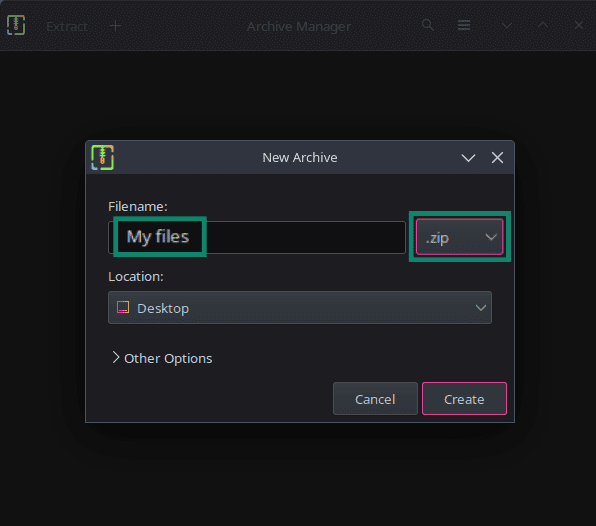 Creating a new Linux archive in Archive Manager.
