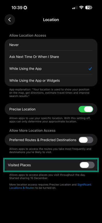 Screenshot of the iOS Apple Maps Location Settings menu with Visited Places highlighted