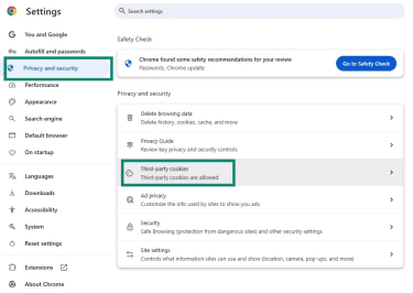 Chrome Privacy and security settings with Third-party cookies highlighted.