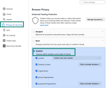 Firefox browser Privacy & Security settings with Privacy & Security highlighted.