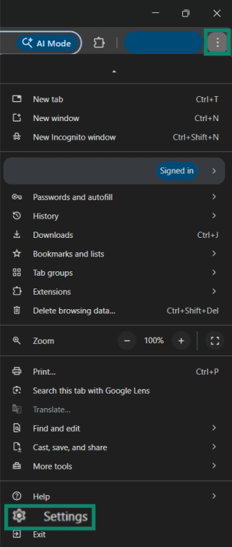 Google Chrome browser window showing the three-dot menu in the top-right corner, with the Settings option highlighted.