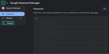 Accessing Google Password Manager's settings on Google Chrome.