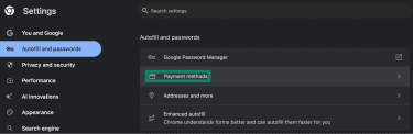 Accessing settings for autofill for payment methods through the Chrome browser.