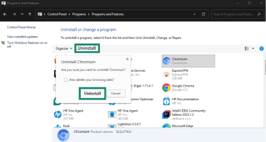 Uninstall Chromium from Control Panel on Windows.