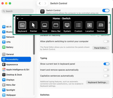macOS Switch Control interface showing a floating menu with icons for Keyboard, Pointer, and Dock.