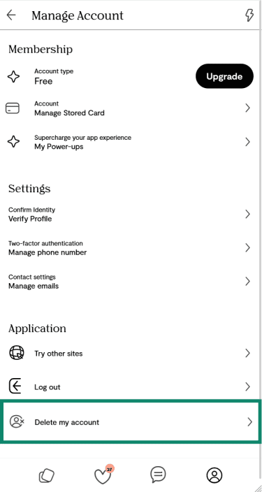 Locating the "Delete my account" option within the "Manage Account" settings on the Plenty of Fish mobile website.