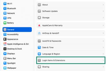 MacOS's settings panel with the Login Items and Extensions option highlighted.