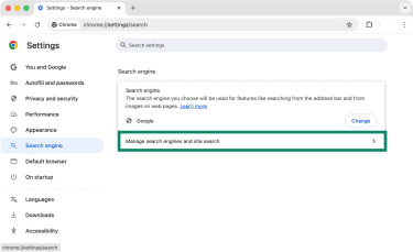 Chrome's Settings panel with the Manage search engines and site search prompt highlighted.