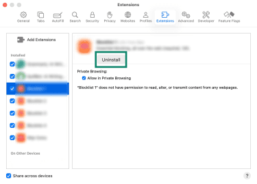 Safari's Extensions tab with the Uninstall button highlighted.