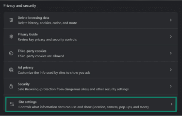 The privacy and security settings in Chrome, highlighting the "Site settings" option.