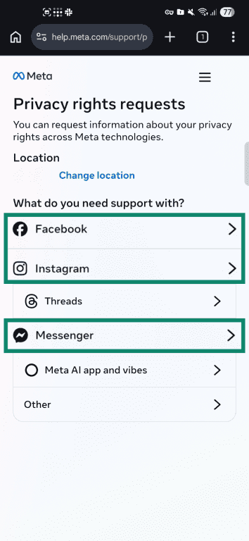 Meta AI privacy rights request channel for Facebook, Instagram, and Messenger.