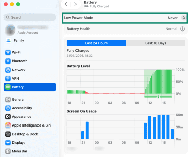 Setting Low Power Mode to Never on Mac.