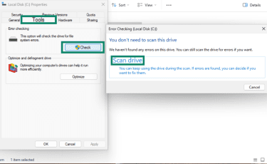 "Tools," "Check," and "Scan drive" options highlighted in the properties of Local Disk (C:) on Windows.