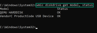 Windows terminal showing a command to check the health of a hard drive.