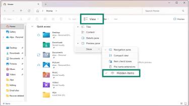Going to the View tab in File Explorer to make sure Hidden items is checked.