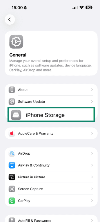 iPhone storage settings.