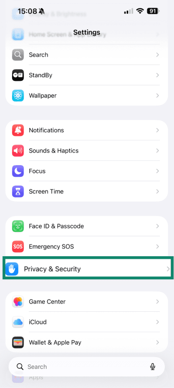 Privacy and security settings on iPhone.