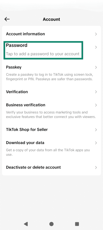 TikTok Account options, highlighting the Password tab.