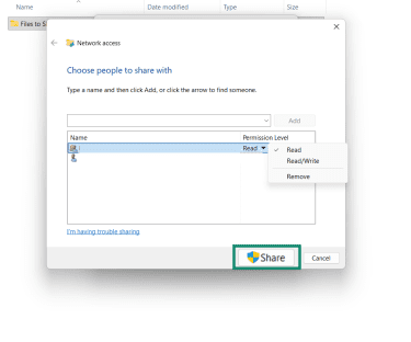 The share dialog box in Windows File Explorer, showing the permissions drop-down menu and Share button.