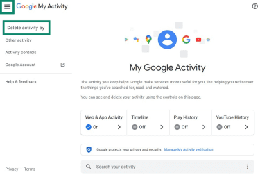 My Google Activity page with the hamburger menu open and Delete activity by highlighted.
