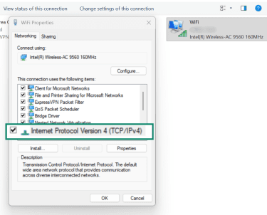 “Wi-Fi Properties” dialog (Networking tab) with “Internet Protocol Version 4 (TCP/IPv4)” highlighted.