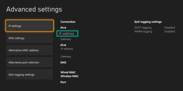 The Xbox advanced settings menu, showing where to find the console's IP address.