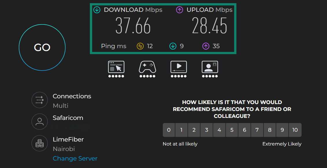 Speedtest.net results showing speeds and ping with VPN off