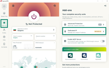 ExpressVPN Windows app interface, showing the VPN tab. The "Add-ons" tab and "Dedicated IP" widget are highlighted.