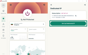 ExpressVPN Windows app interface, showing the VPN tab and Dedicated IP side window. The "Set Up Dedicated IP" button is highlighted.