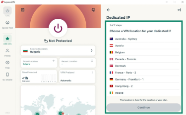 ExpressVPN Windows app interface, showing the VPN tab and Dedicated IP side window. The list of dedicated IP locations and "Continue" button are highlighted.