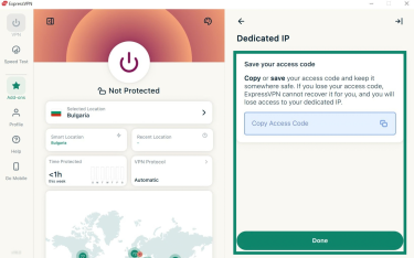 ExpressVPN Windows app interface, showing the VPN tab and Dedicated IP side window. The access code backup window and "Done" button are highlighted.