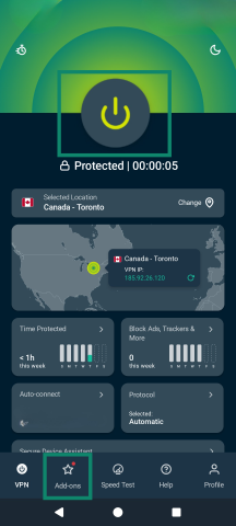 The ExpressVPN home screen, displaying an active connection while highlighting the Add-ons page.