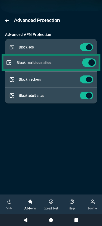 The ExpressVPN Advanced Protection menu, highlighting the option to enable Block malicious sites.
