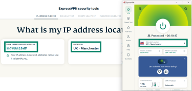 IP address location results on ExpressVPN's IP Checker Tool, with the ExpressVPN Windows app connected to a server in Manchester