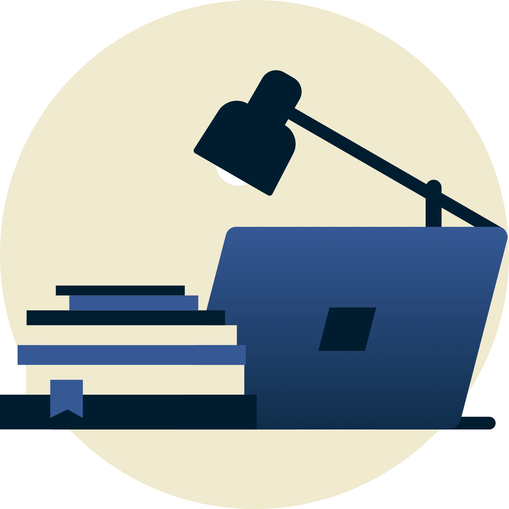 โคมไฟเหนือหนังสือเรียนและแล็ปท็อปหันหน้าไปทางคุณ.