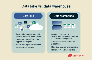 An infographic comparing a data lake and a data warehouse.